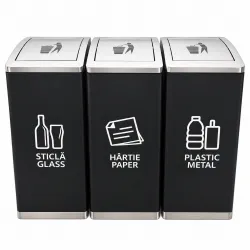 Cos de gunoi negru pentru colectare selectiva, inox, 3 compartimente