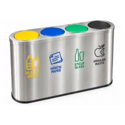Cos de gunoi pentru colectare selectiva din inox, 4 compartimente, 4x45L, capace colorate Cos de gunoi pentru colectare selectiva din inox, 4 compartimente, 4x45L, capace colorate