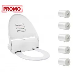 Pachet Capac de toaleta cu buton + 5x Rola folie de unica folosinta 135 utilizari Pachet Capac de toaleta cu buton + 5x Rola folie de unica folosinta 135 utilizari