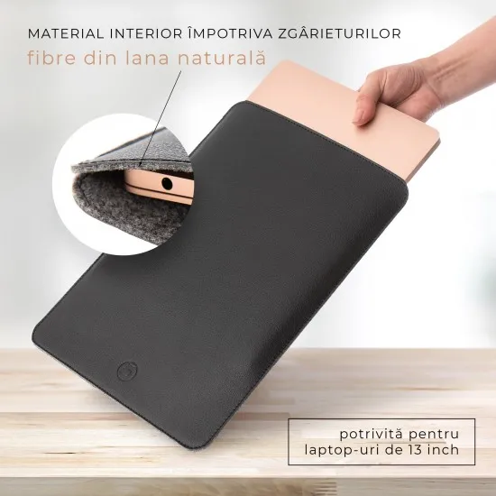 Husa laptop, MacBook 13 inch, UNIKA, piele PU cu lana din fibre naturale, negru Husa laptop, MacBook 13 inch, UNIKA, piele PU cu lana din fibre naturale, negru