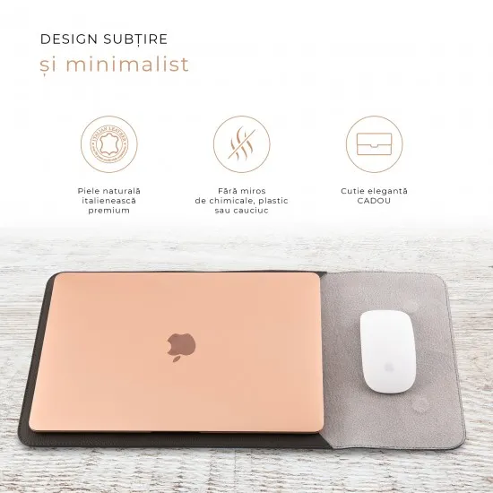 Husa laptop, MacBook 13 inch, piele naturala cu mouse pad, inchidere magnetica, margini vopsite manual, e-store, gri
