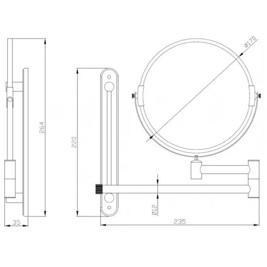 Oglinda rotunda cosmetica reversibila, brat extensibil, montare pe perete, 235 x 410 mm Oglinda rotunda cosmetica reversibila, brat extensibil, montare pe perete, 235 x 410 mm