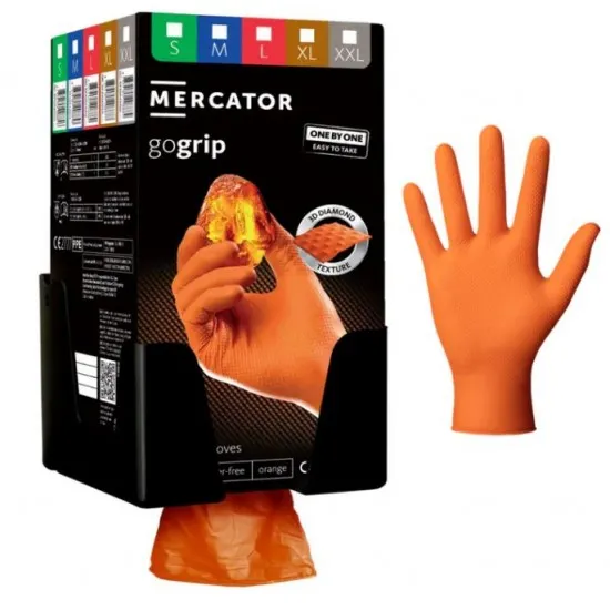 Manusi GO GRIP one by one orange 100 buc/ cutie, pret per cutie, livrare 10 cutii + suport negru plastic
