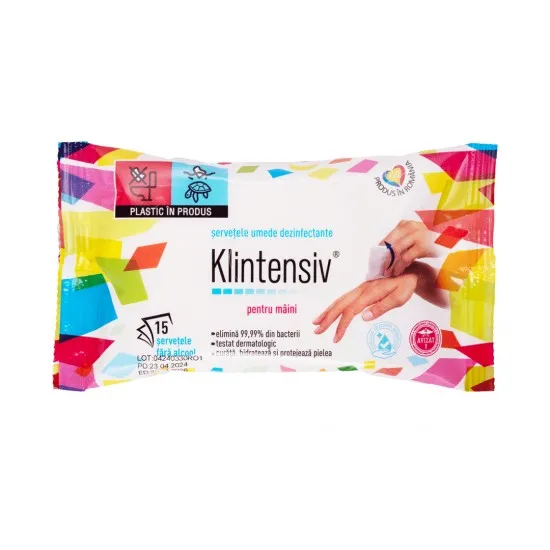KLINTENSIV® – Servetele umede dezinfectante pentru maini, 15 buc