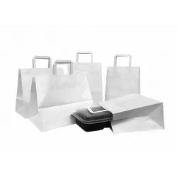 Set 250 bucati, Punga hartie, alba, cu maner plat, 25x11x28 cm Set 250 bucati, Punga hartie, alba, cu maner plat, 25x11x28 cm