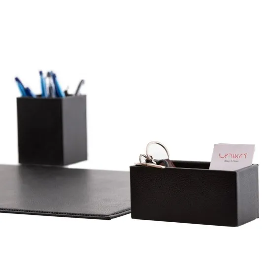 Set 3 piese Smart piele naturala, mapa protectie birou, suport pixuri, suport carti de vizita, Unika, negru Set 3 piese Smart piele naturala, mapa protectie birou, suport pixuri, suport carti de vizita, Unika, negru