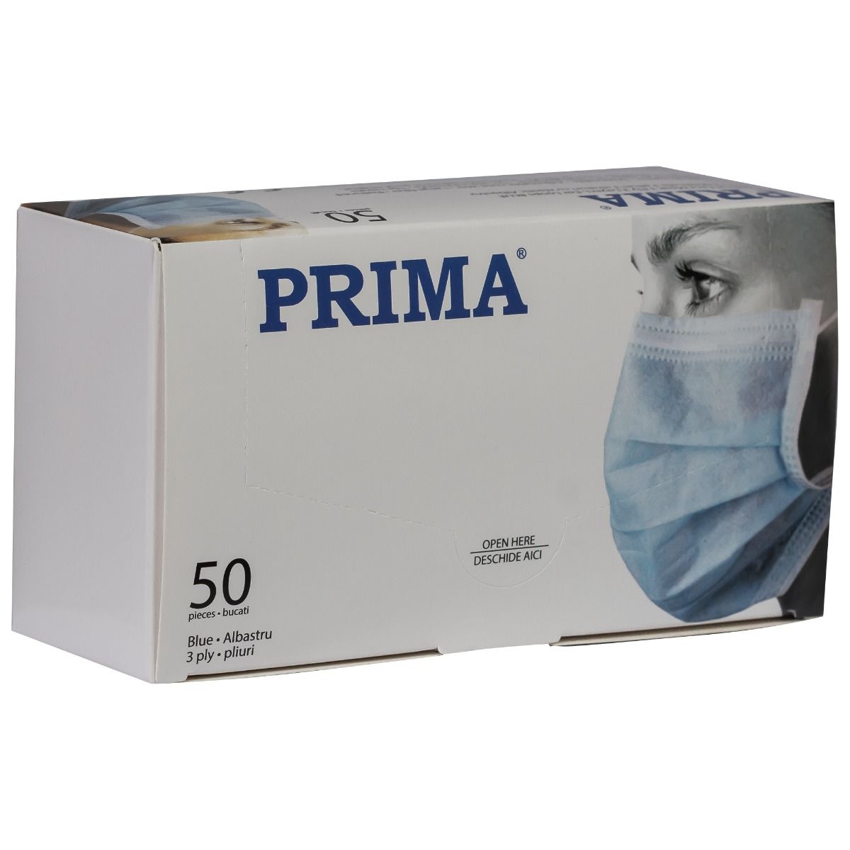 Masca de unica folosinta   cu 3 straturi si pliuri  Prima  50 buc/cutie