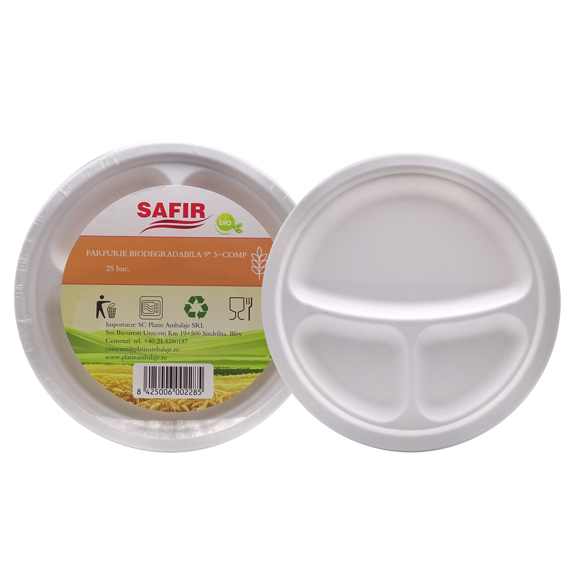 Farfurie bio 23 cm 3 compartimente p93c 25 buc/set