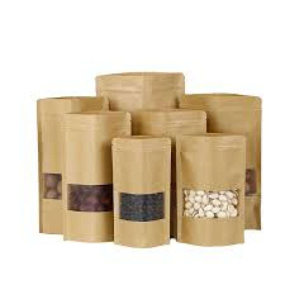 Set 100 bucati  Pungi stand-up cu fereastra si fermoar Natur  16x27cm