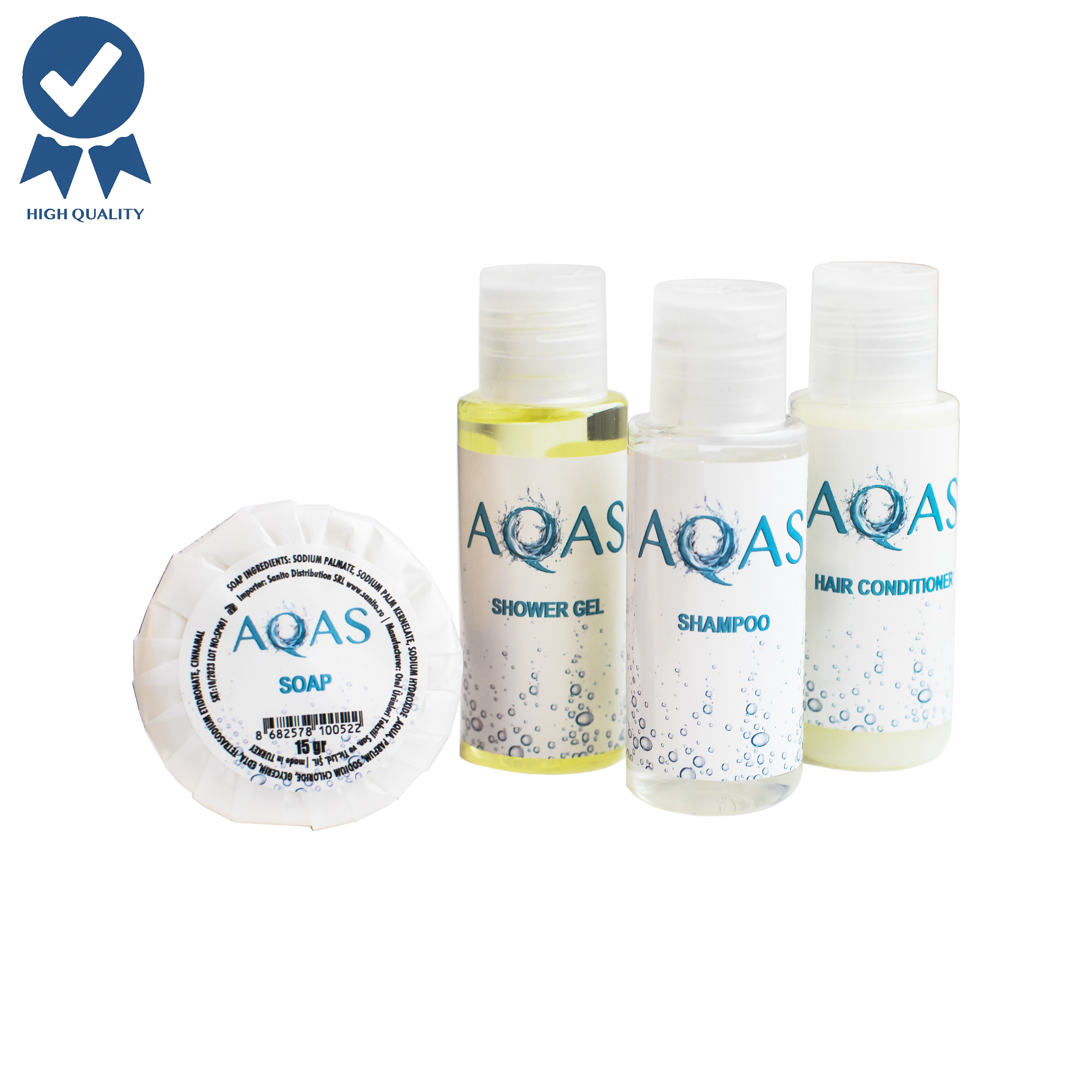 Pachet cosmetice hoteliere: gel de dus sampon balsam si sapun 100buc/set AQAS AQAS