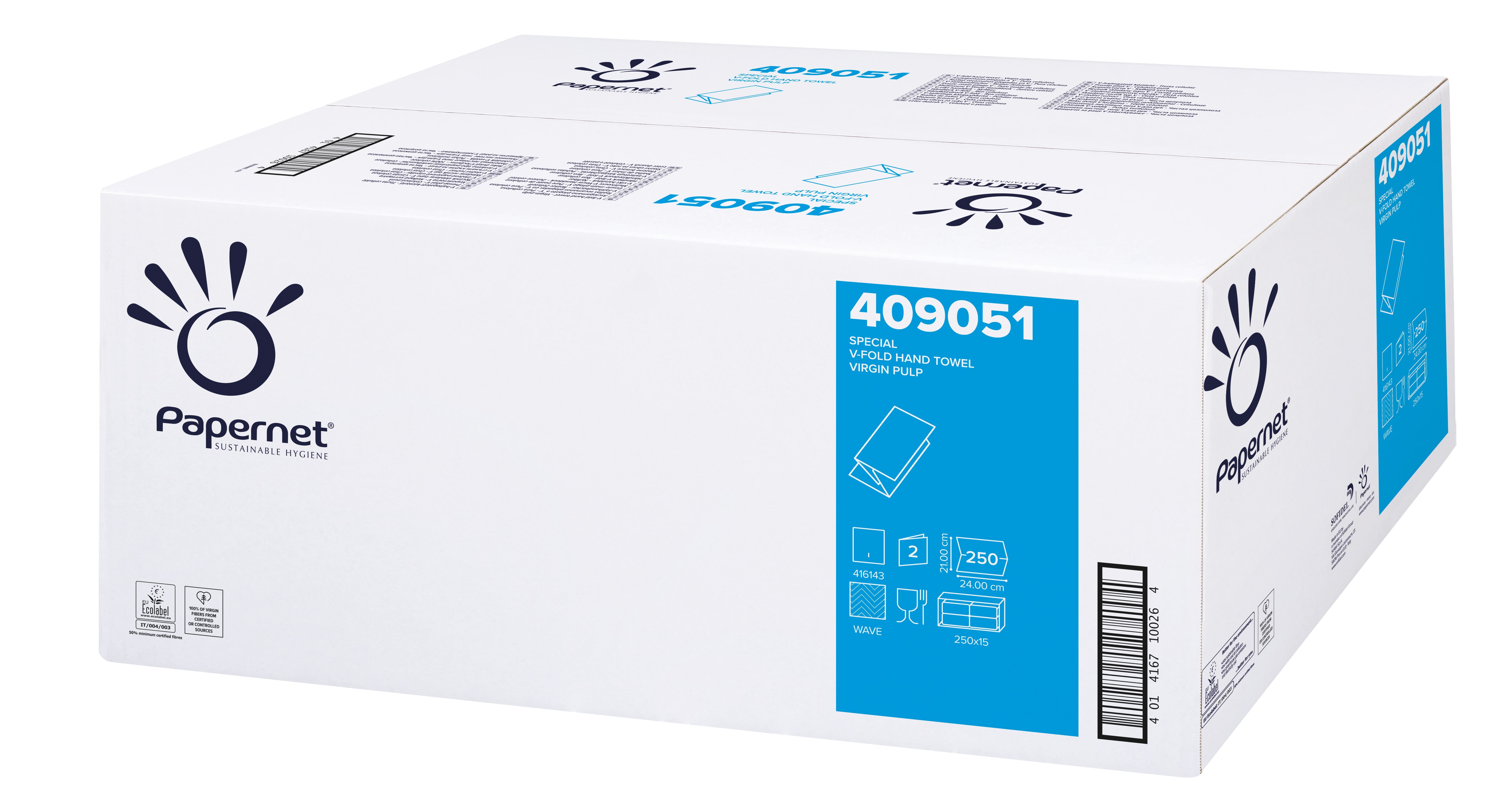 Prosoape albe de hartie pliate v fold 24 x 21 cm in 2 straturi papernet 250 buc/pachet 15 pac/bax