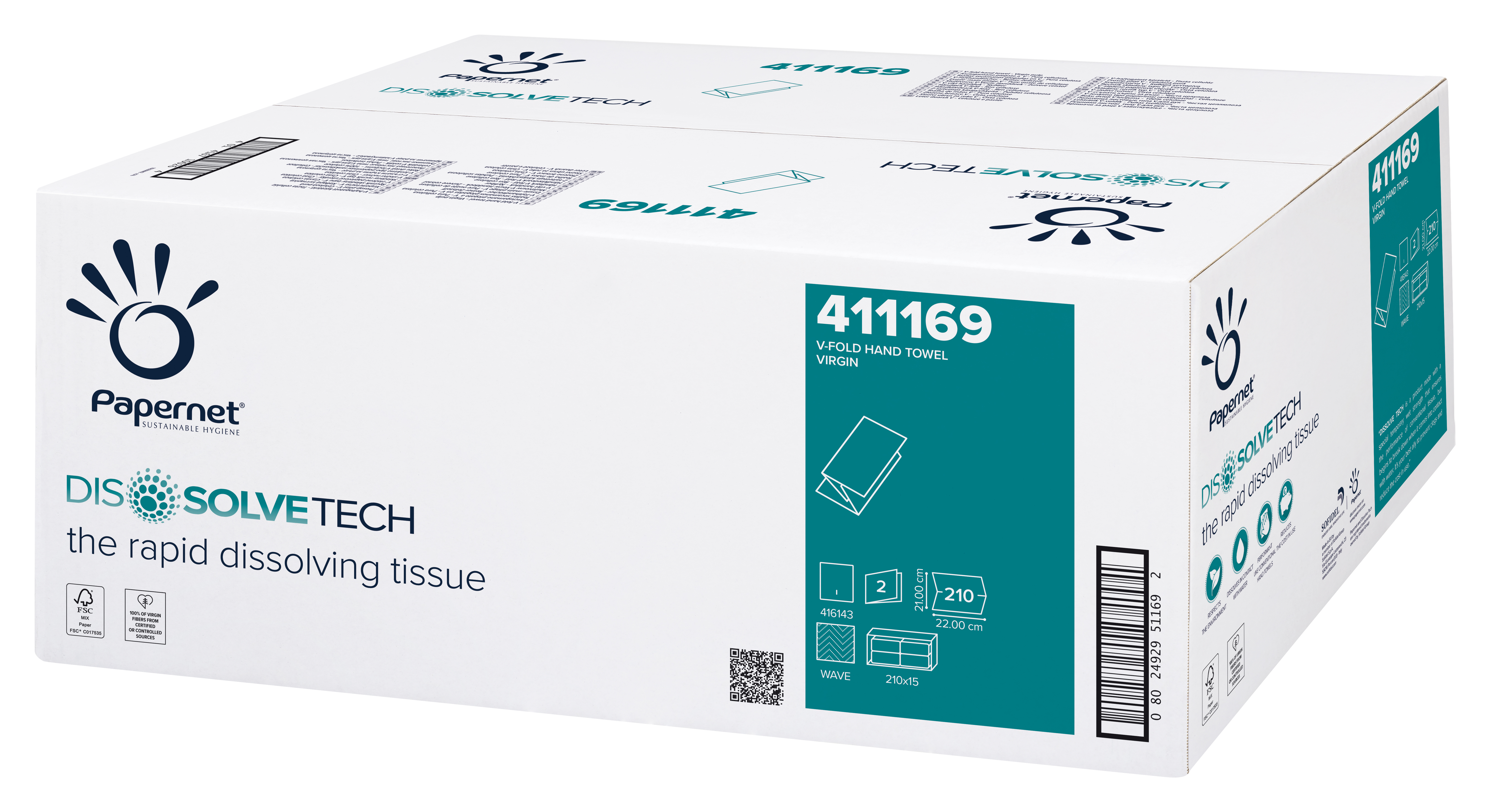 Prosoape albe de hartie  pliate V fold  Dissolve Tech  22 x 21cm   in 2 straturi  Papernet  210 buc/pachet  15 pac/bax