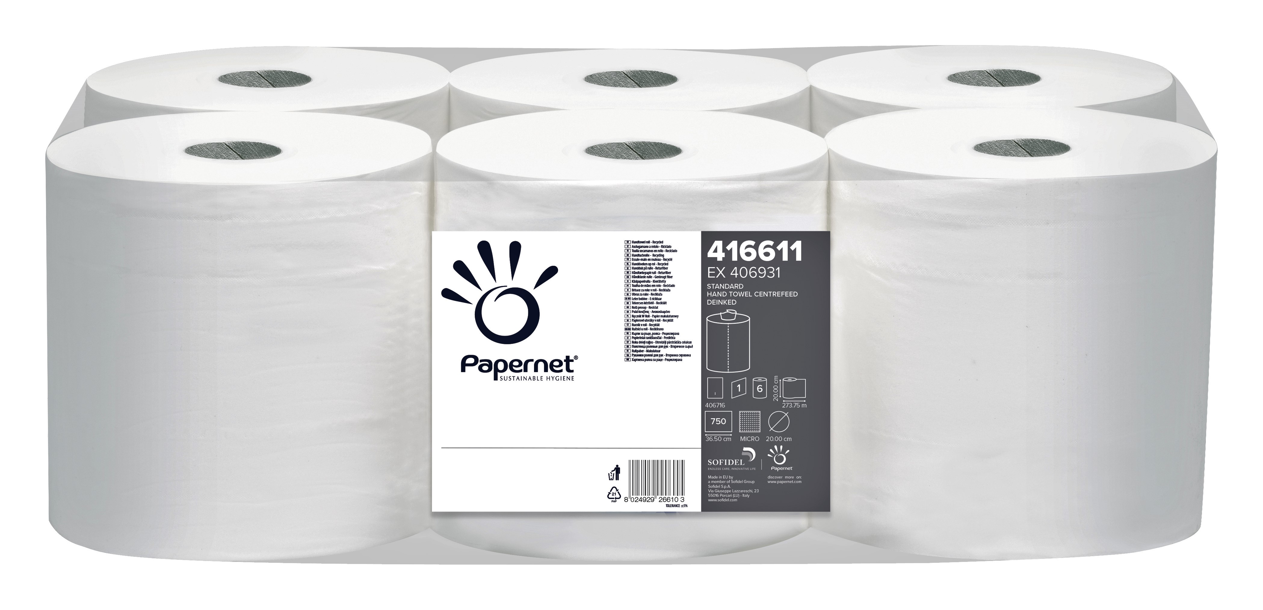 Rola prosop cu derulare centrala 1 strat alba deink papernet 6 role/bax 274 m