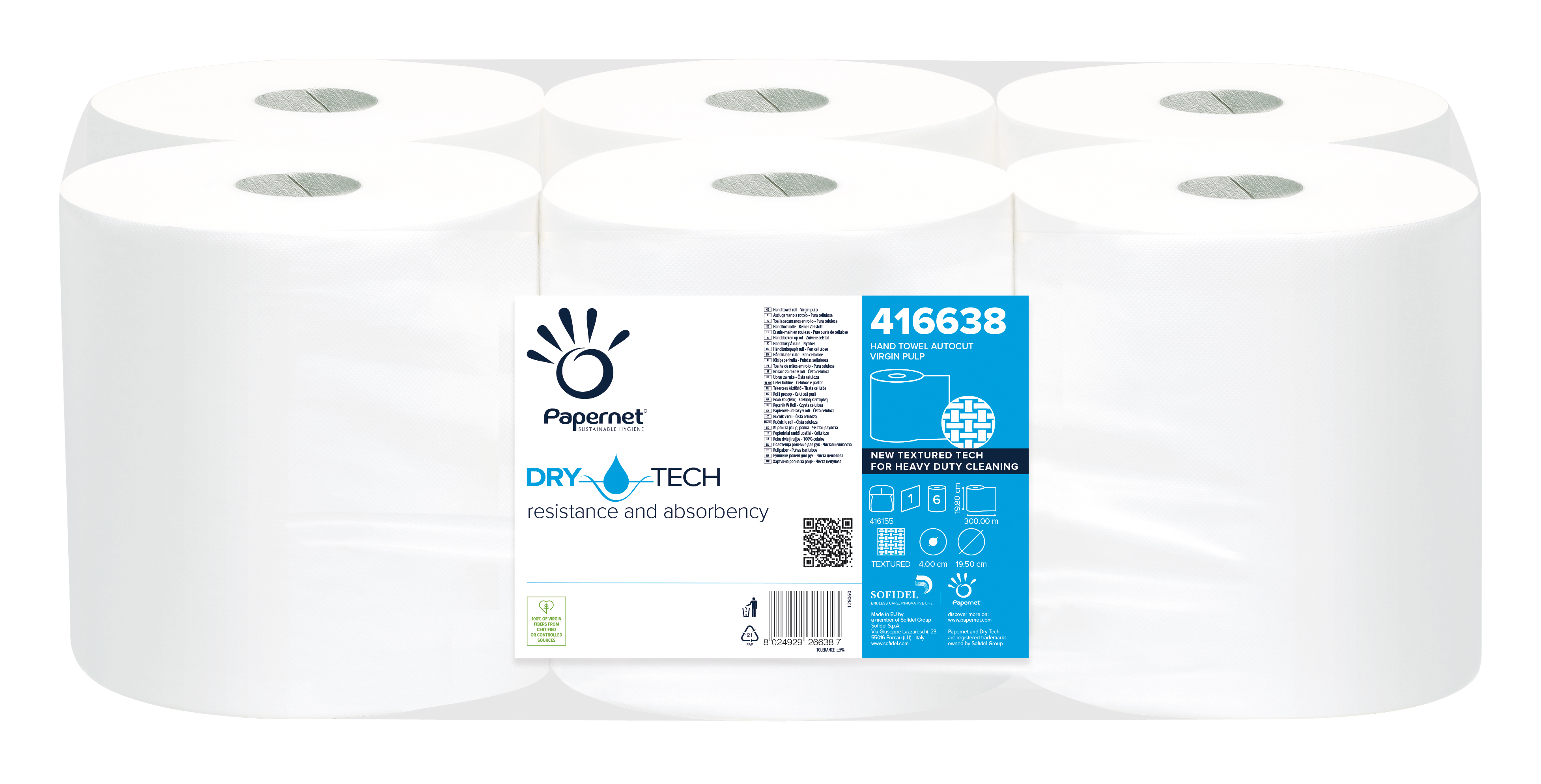Rola prosop cu derulare externa autocut dry tech alb celuloza 1 strat papernet 300m 6 role/ bax