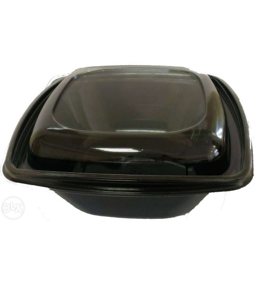 Caserola salata patrata neagra din pet capac transparent 1000 cc 50 buc/set