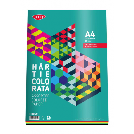Hartie colorata asortata A4 in 5 culori 80g/mp Daco 50 coli-hr850
