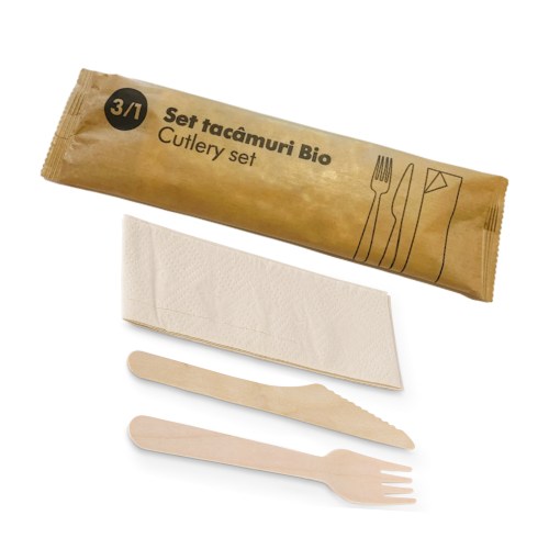 Set 100 bucati bis furculita cutit si servetel 16 cm