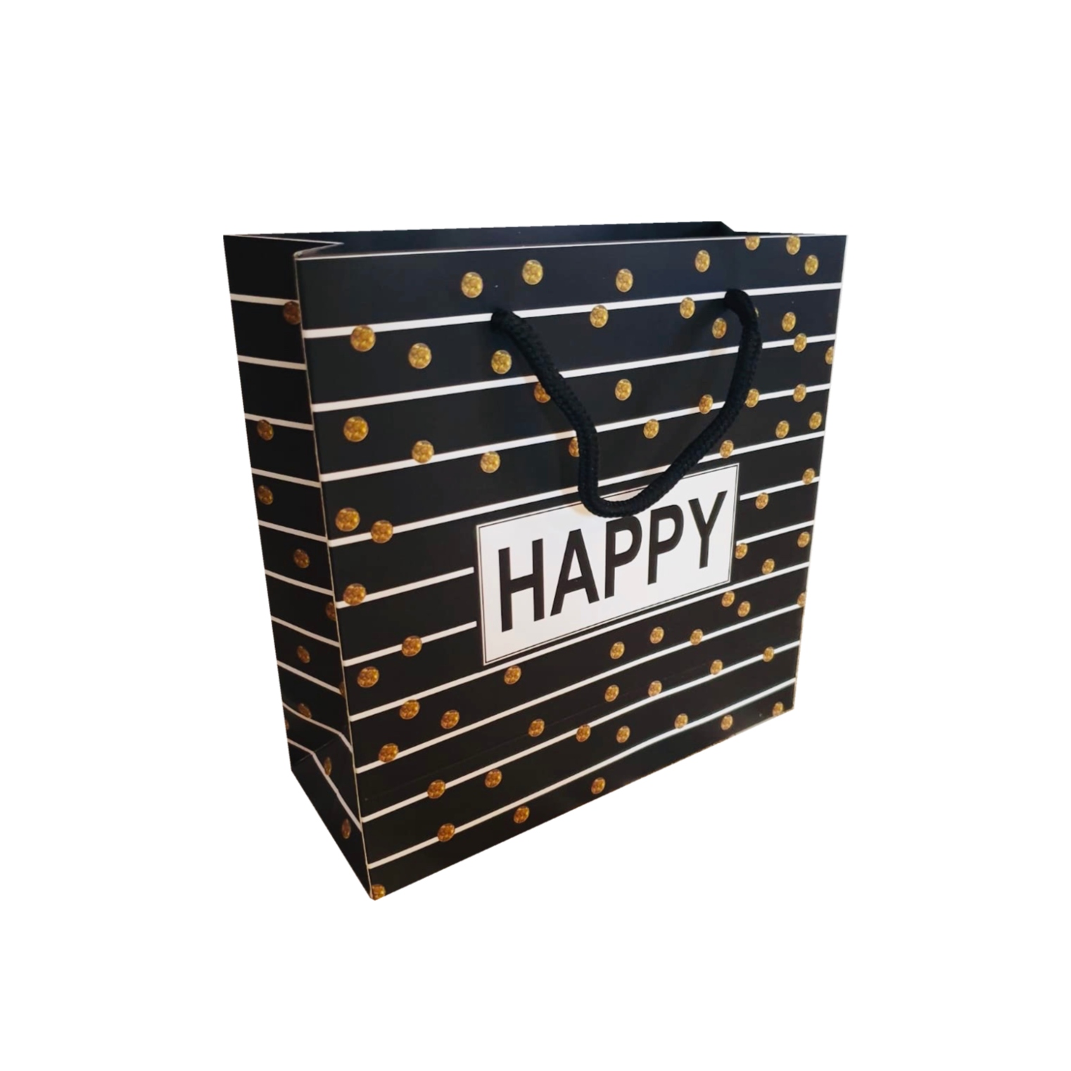 Punga hartie cartonata Happy negru – L 30x27x12cm – 50 buc. sanito.ro