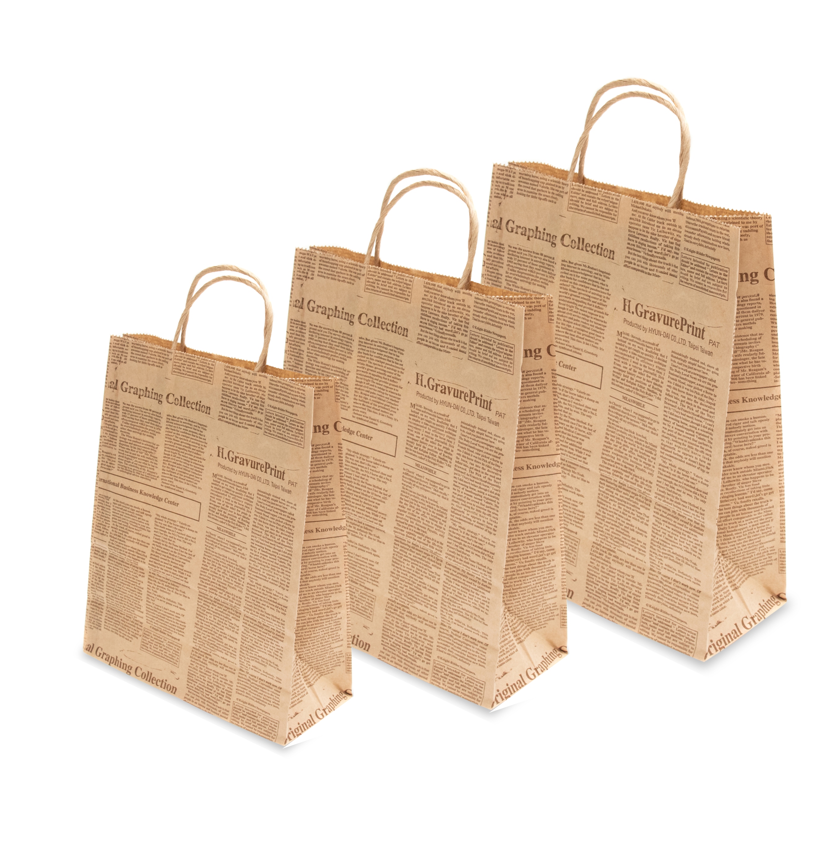 Set 100 bucati Pungi din hartie de ziar cu maner sfoara 32x12x41 cm