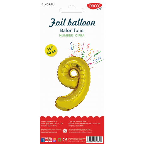 Balon folie cifra 9 auriu 40 cm daco bl409au