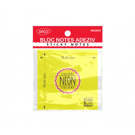 Bloc notes adeziv 76x76 galben neon daco bn200g