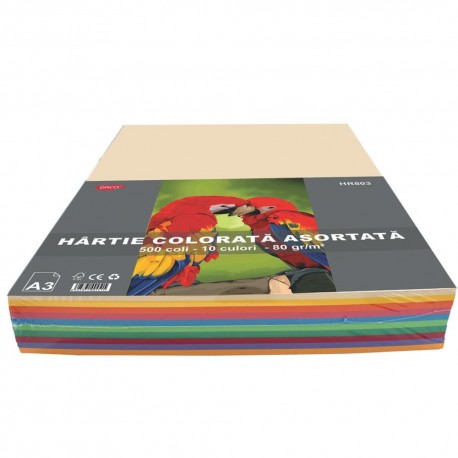 Hartie colorata A3 80g/mp 500 de coli-Daco hr803 10 culori asortate