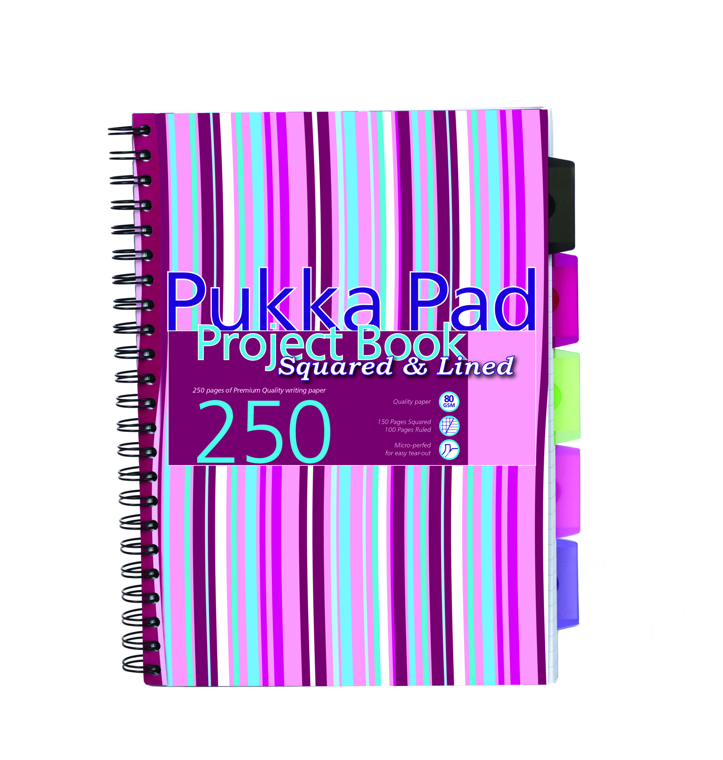 Caiet cu spirala si separatoare Pukka Pad Project Book Stripes A4  dictando  roz  250 pag  coperti PP intarite CBPROBA4(3)