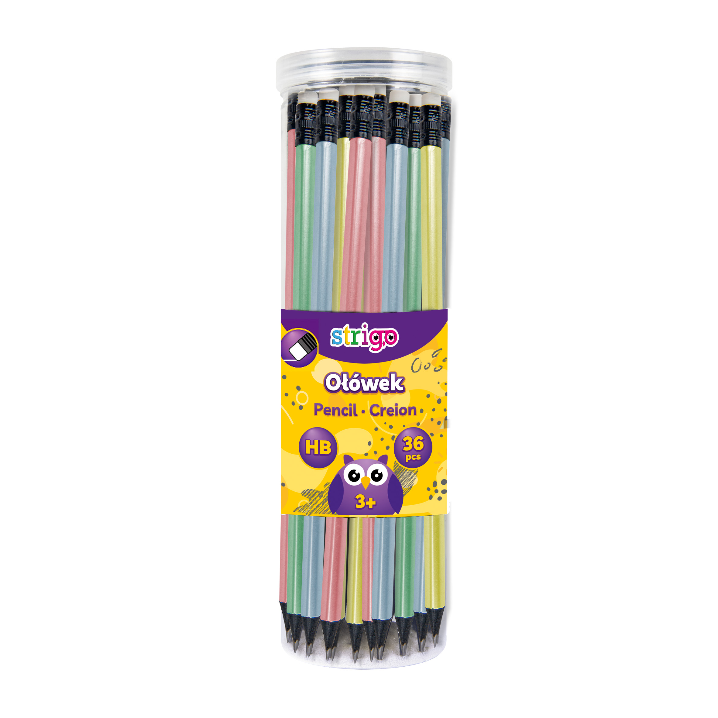 Creioane Strigo HB cu guma de sters  lemn negru  corp pastel metalic  SSC281