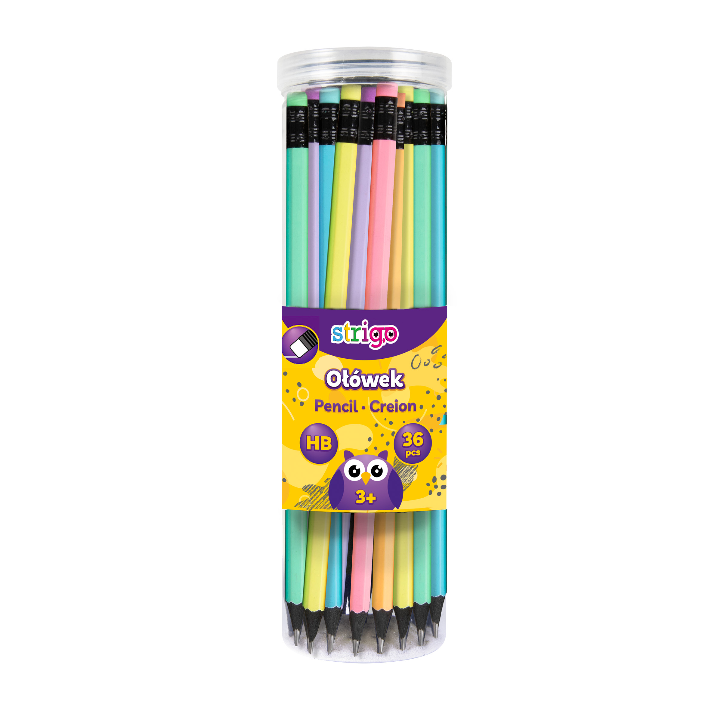 Creioane Strigo HB cu guma de sters multicolora  lemn negru si corp pastel  SSC283