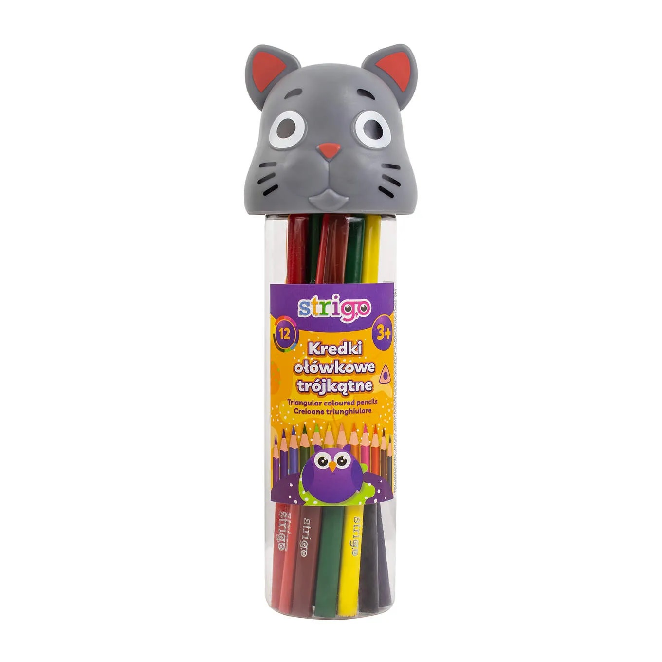 Creioane Strigo colorate triunghiulare  12 culori  lemn de tei  mina 3mm  cutie Pisicute SSC294
