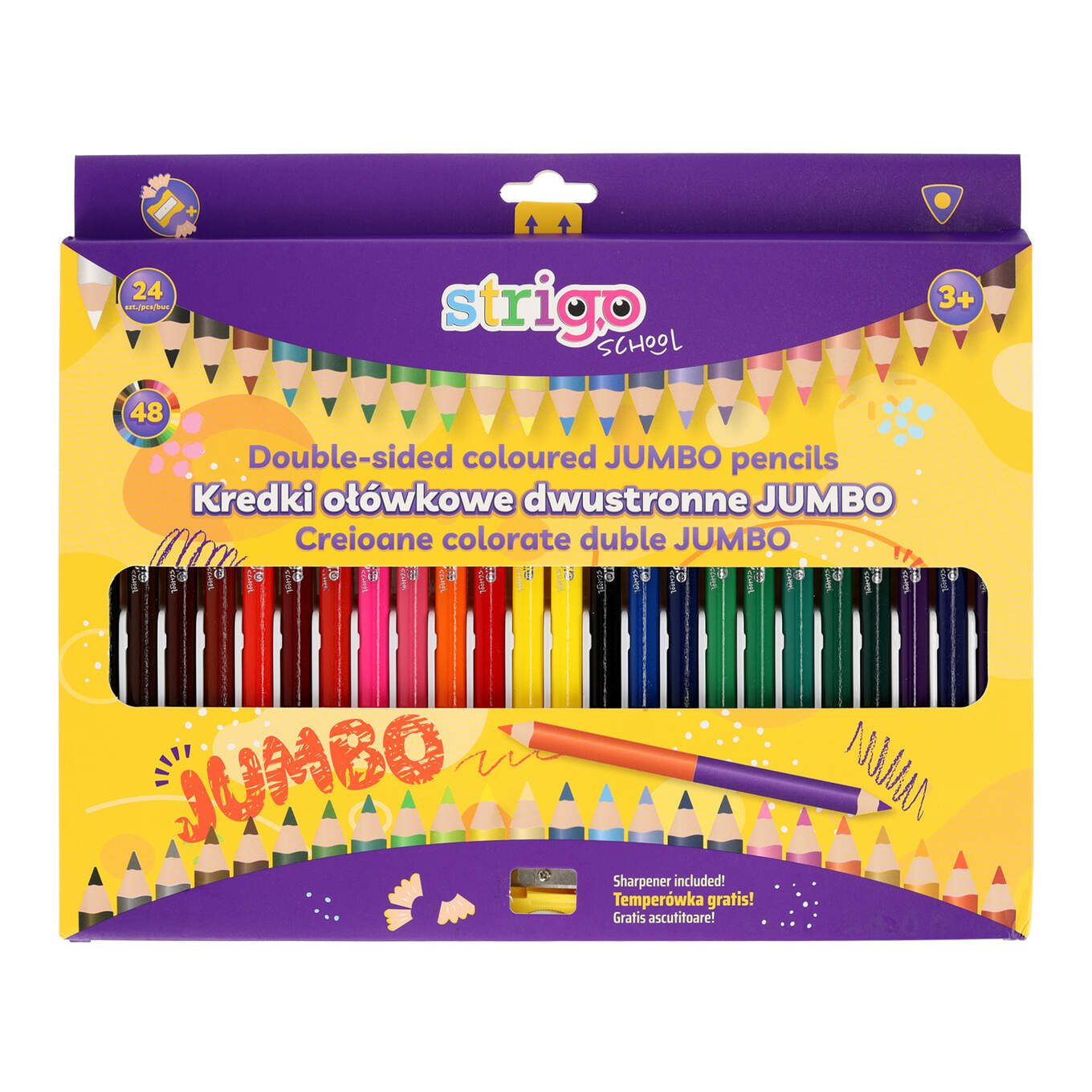 Creioane colorate duble  Strigo Jumbo  24 bucati  48 culori  triunghiulare  cu ascutitoare SSC356