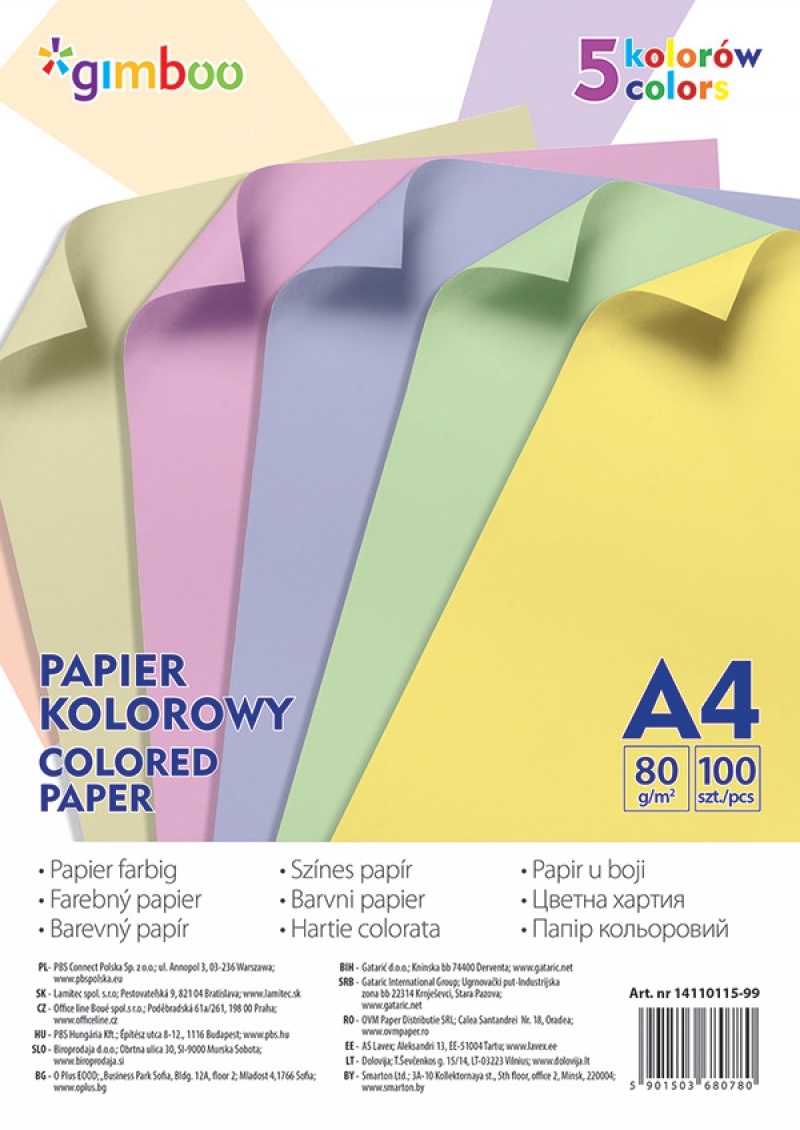 Hartie color GIMBOO  mix 5x20 coli  culori pastel  A4  80g  100 coli