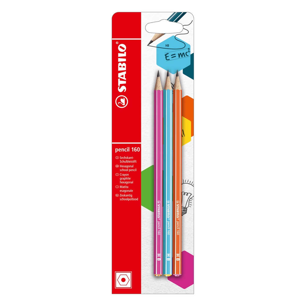 Creion grafit Stabilo 160  2.2 mm  HB  fara radiera  corp roz  bleu  portocaliu  set 3 bucati / blister