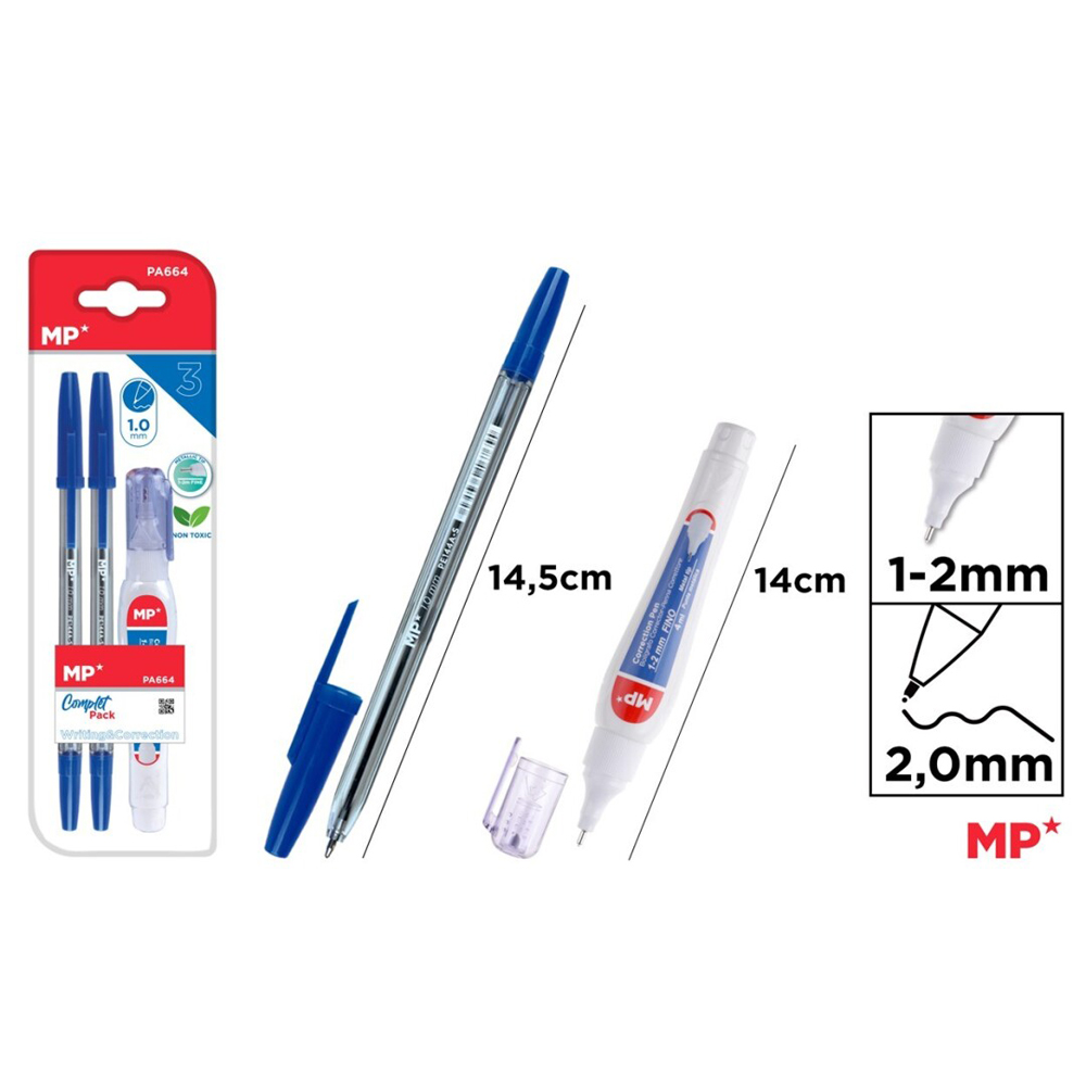 Set 2 pixuri albastre Main Paper  varf 1 mm  creion corector 4 ml  blister