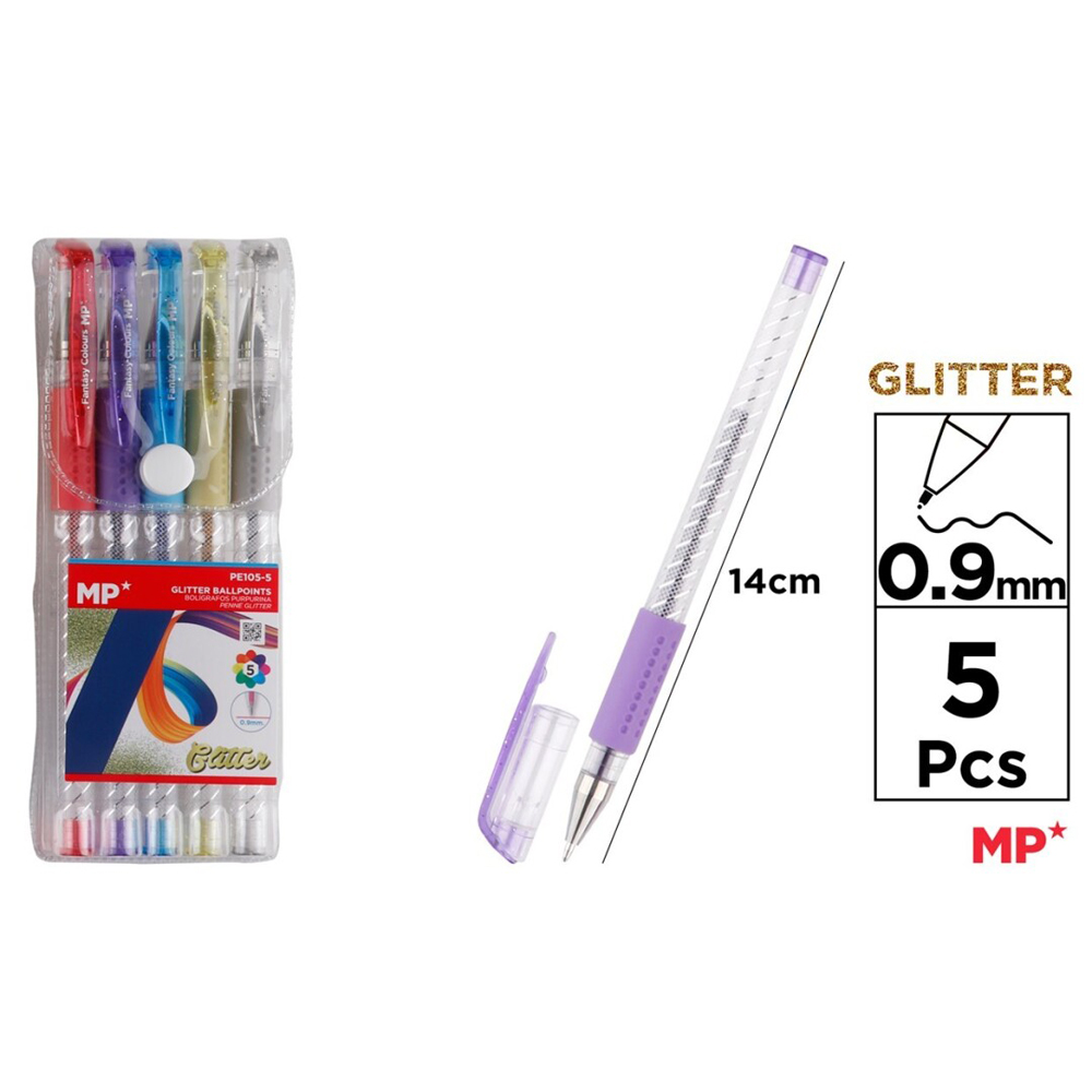 Set 5 rollere cu gel Main Paper  varf 0.9 mm  culori glitter