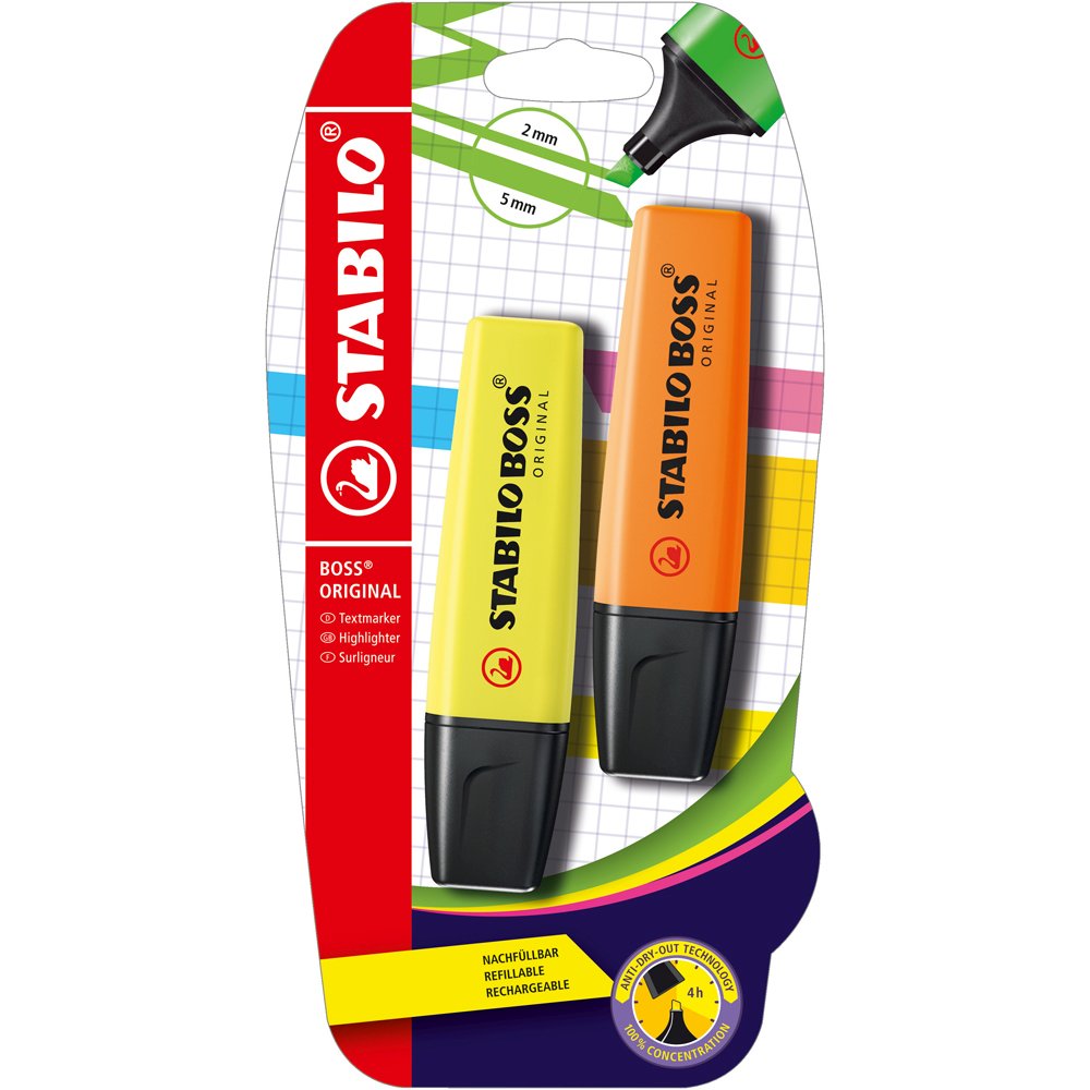 Textmarker Stabilo Boss Original  corp plastic in culoarea cernelei  varf retezat  2-5 mm  galben  portocaliu  2 bucati/blister