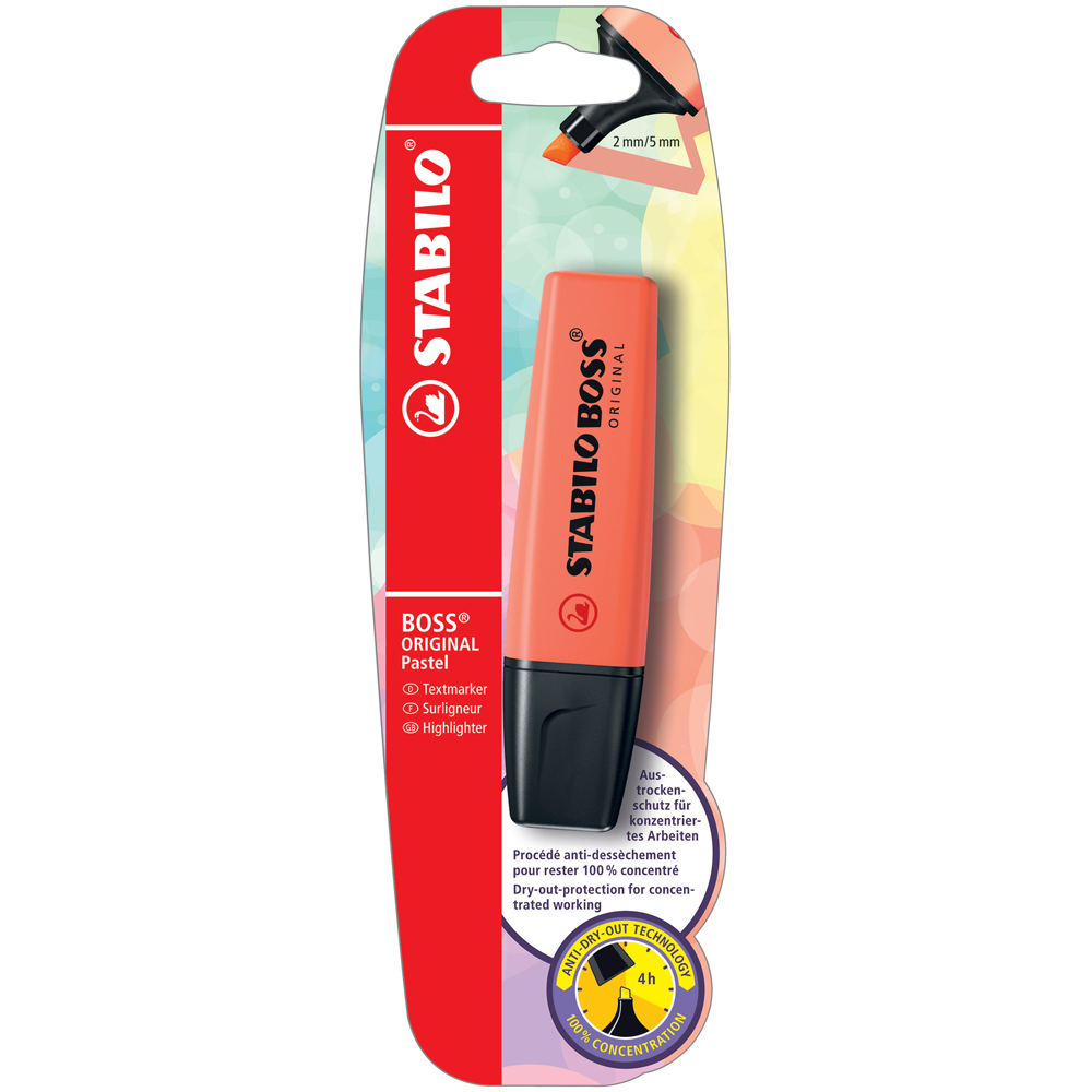 Textmarker Stabilo Boss Original  corp plastic in culoarea cernelei  varf retezat  2-5 mm  rosu coral  blister