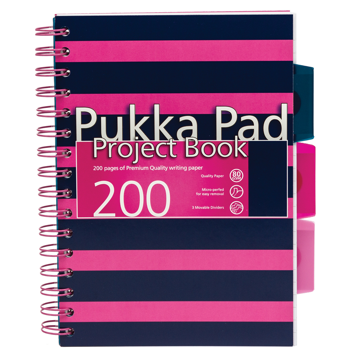 Caiet cu spirala si separatoare pukka pads navy project book a5 200 pag matematica roz