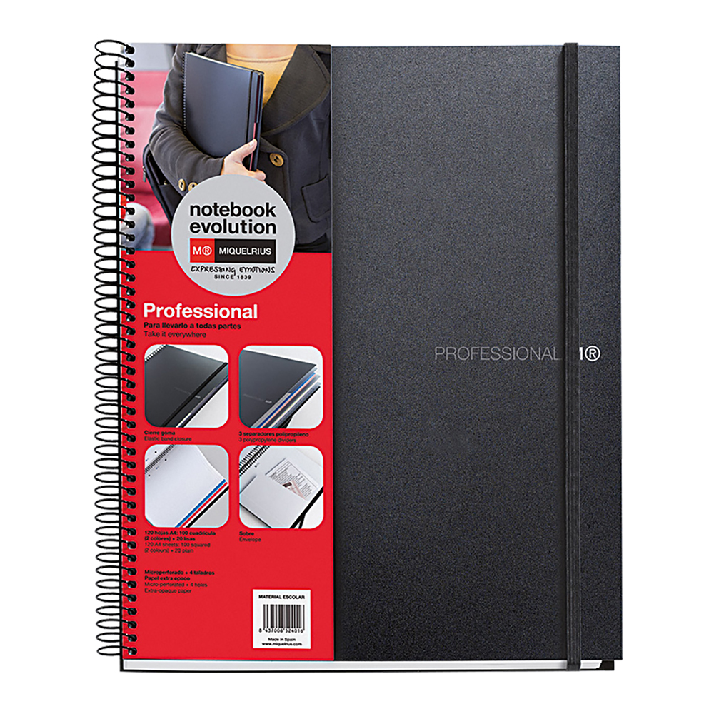 Caiet cu spira  Miquelrius  Evolution  A5  matematica+velin  120 file  coperta PP  negru