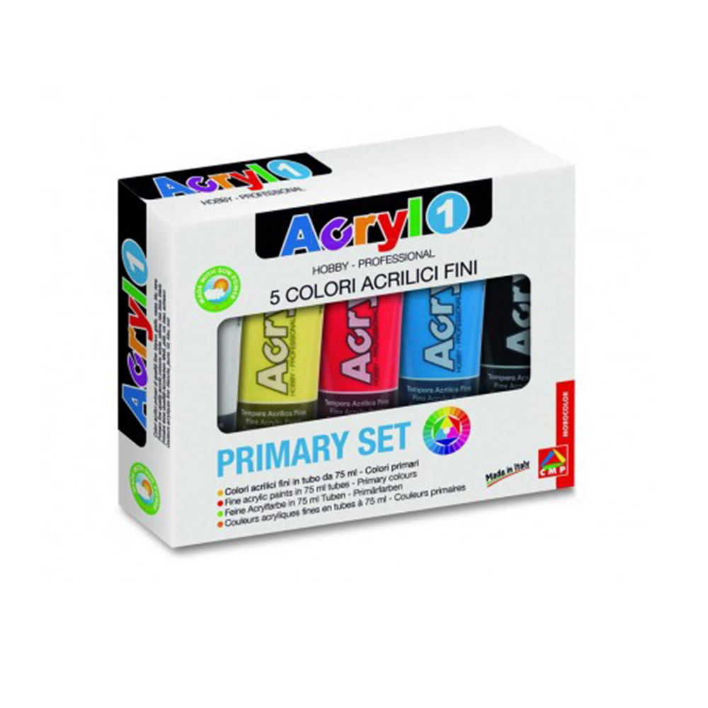 Tempera acrilica Morocolor Primo 75 ml 5 culori de baza: alb galben rosu albastru Morocolor imagine 2022 depozituldepapetarie.ro