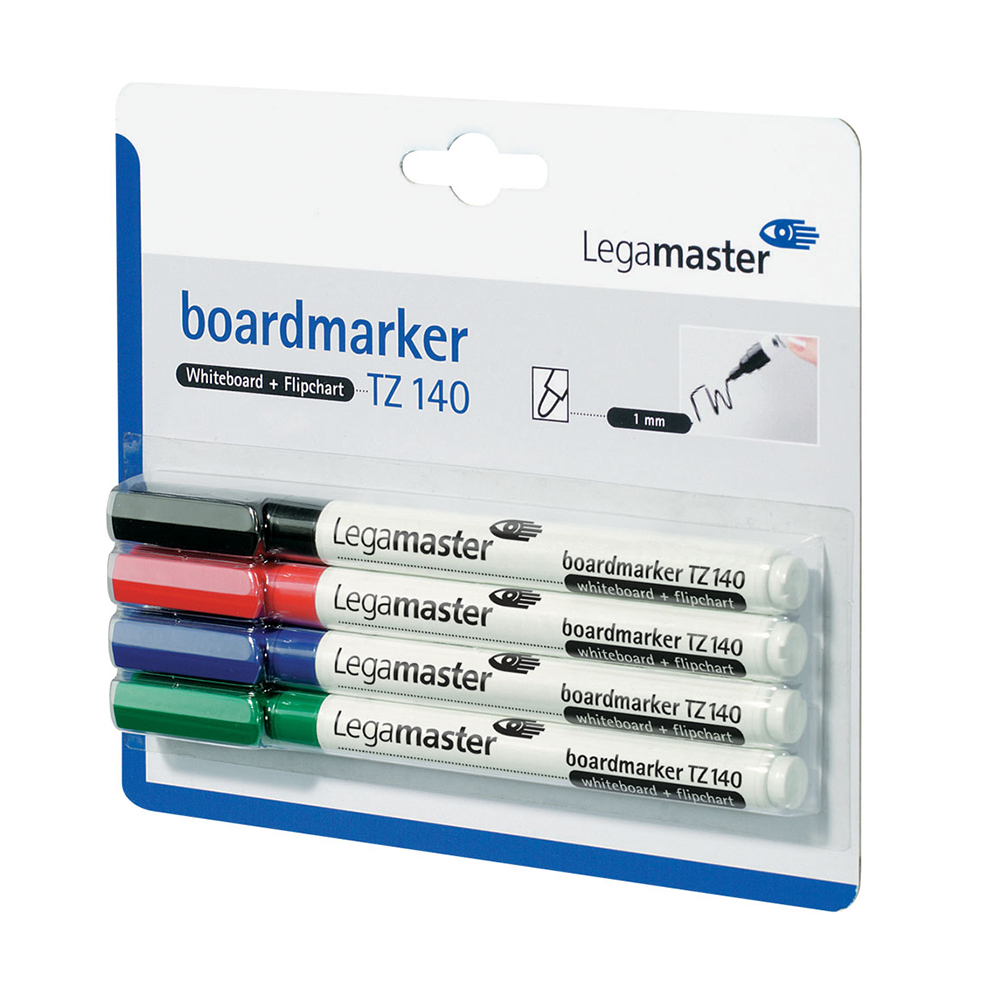 Marker pentru tabla Legamaster TZ140  varf rotund  1 mm  4 culori/set (negru  rosu  albastru  verde)