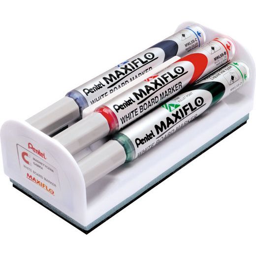 Set Maxiflo pentru tabla format din 4 markere asortate + burete magnetic Pentel