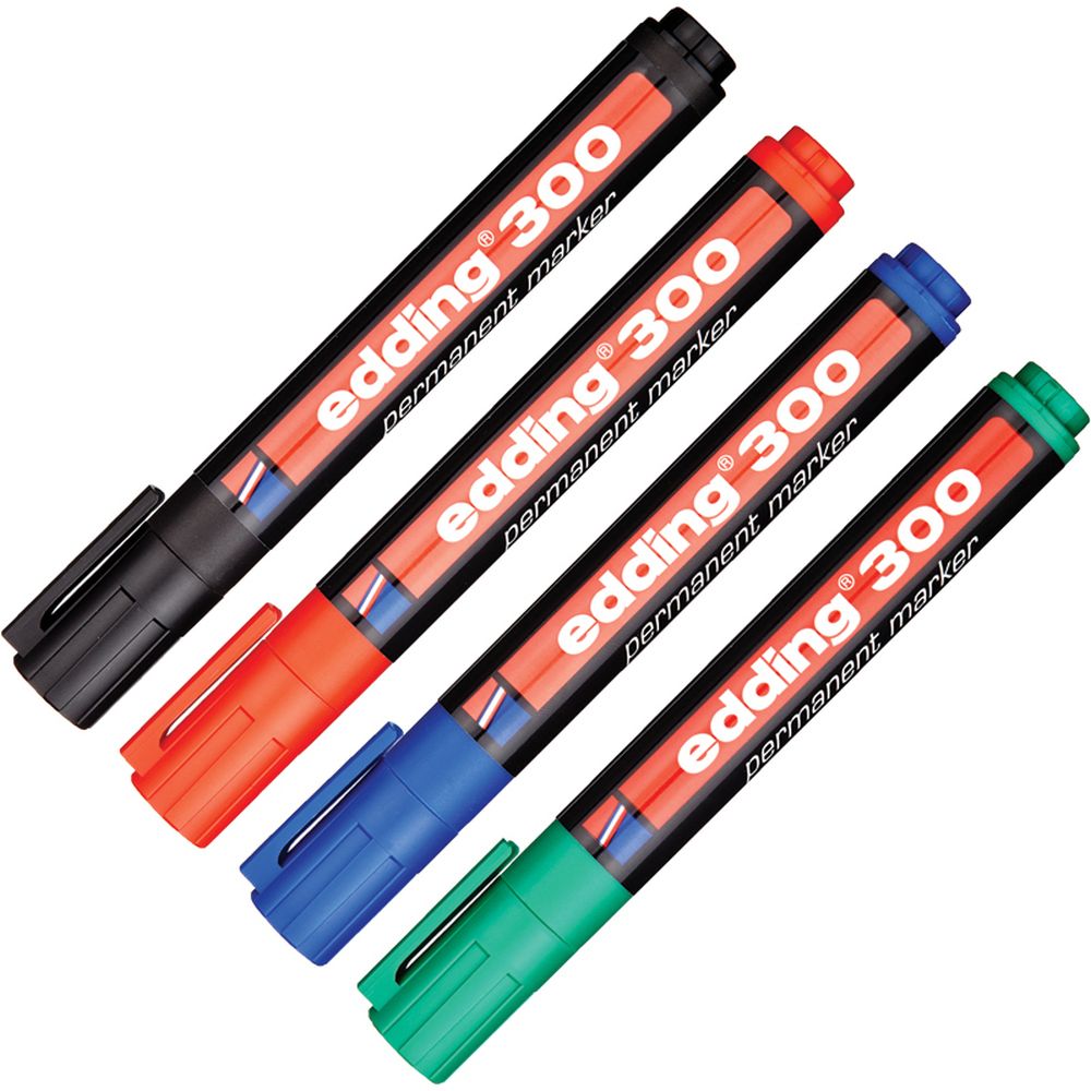 Marker permanent  Edding 300  set 4 culori  corp plastic  varf rotund 1.5 - 3 mm  negru  rosu  albastru  verde
