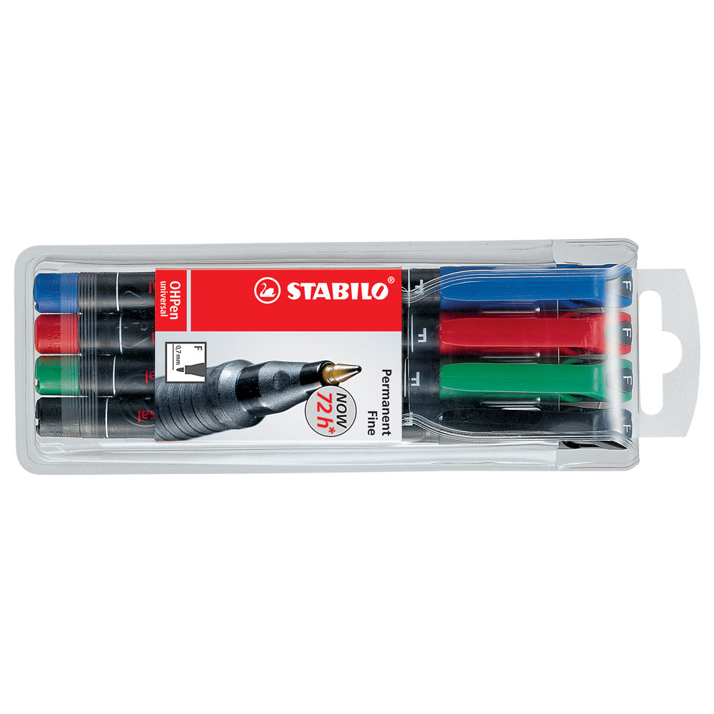 Marker permanent Stabilo Universal OHP 842  corp plastic  varf rotund  0.7 mm  4 bucati/set (negru  rosu  albastru  verde)