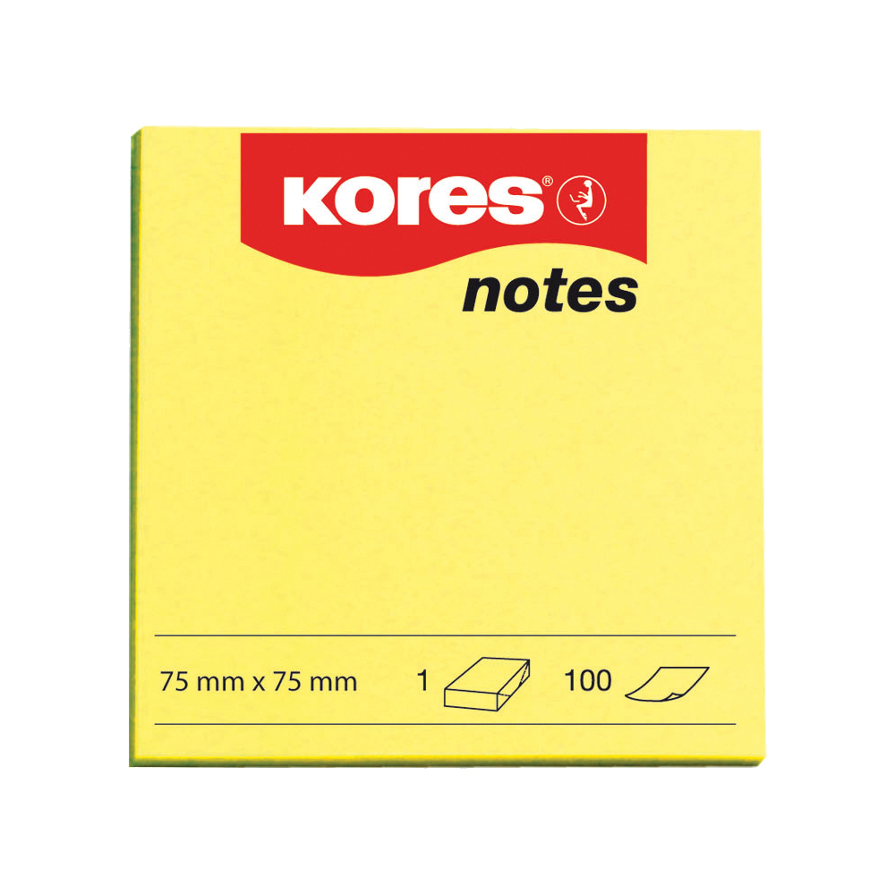Notite adezive Kores 75 x 75 mm galben neon 100 file Kores