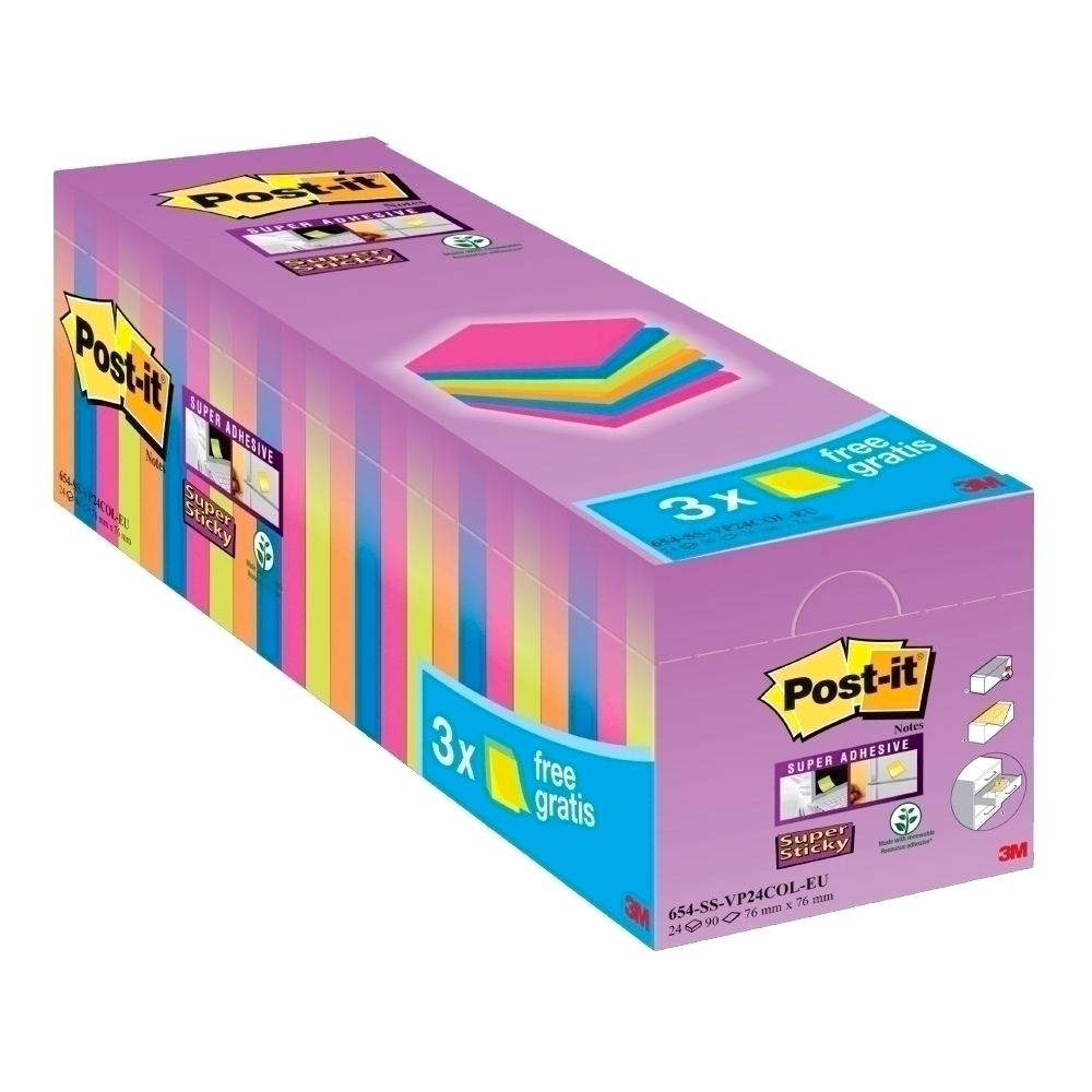 Notite adezive Post-it Super Sticky 76 x 76 mm neon 100 file/set 21+3 gratis Post-it imagine 2022 depozituldepapetarie.ro