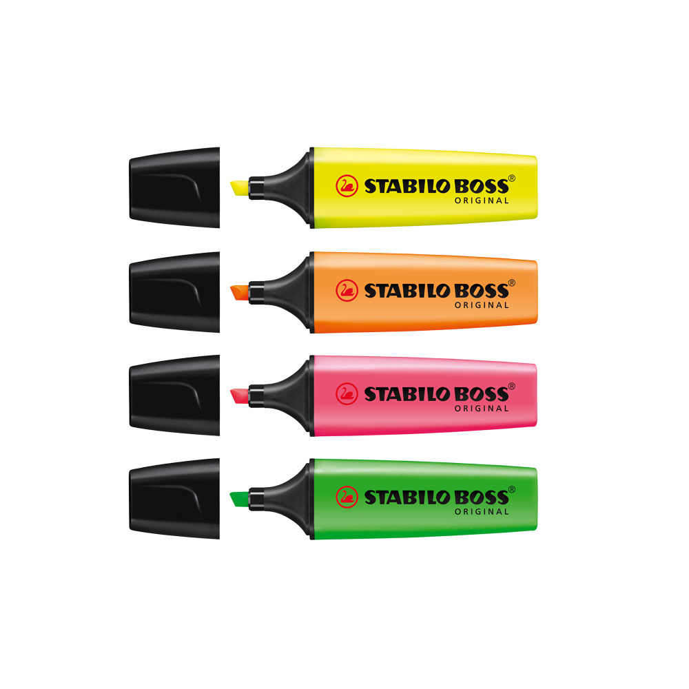 Textmarker Stabilo Boss varf 2-5 mm 4 culori/set ( galben portocaliu verde roz) sanito.ro imagine 2022 depozituldepapetarie.ro