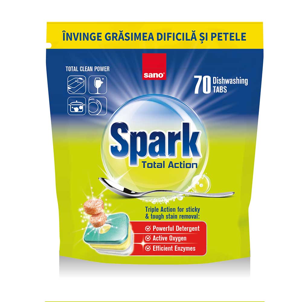 Detergent Tablete pentru Masina de Spalat Vase 70 buc SANO SPARK TOTAL ACTION sanito.ro